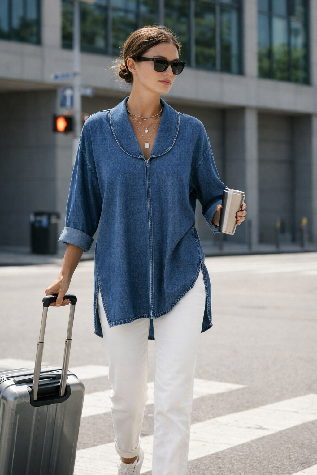 Damen Denim Oberteil Schalkragen Lockerer Schnitt Casual Elegant Atmungsaktiv