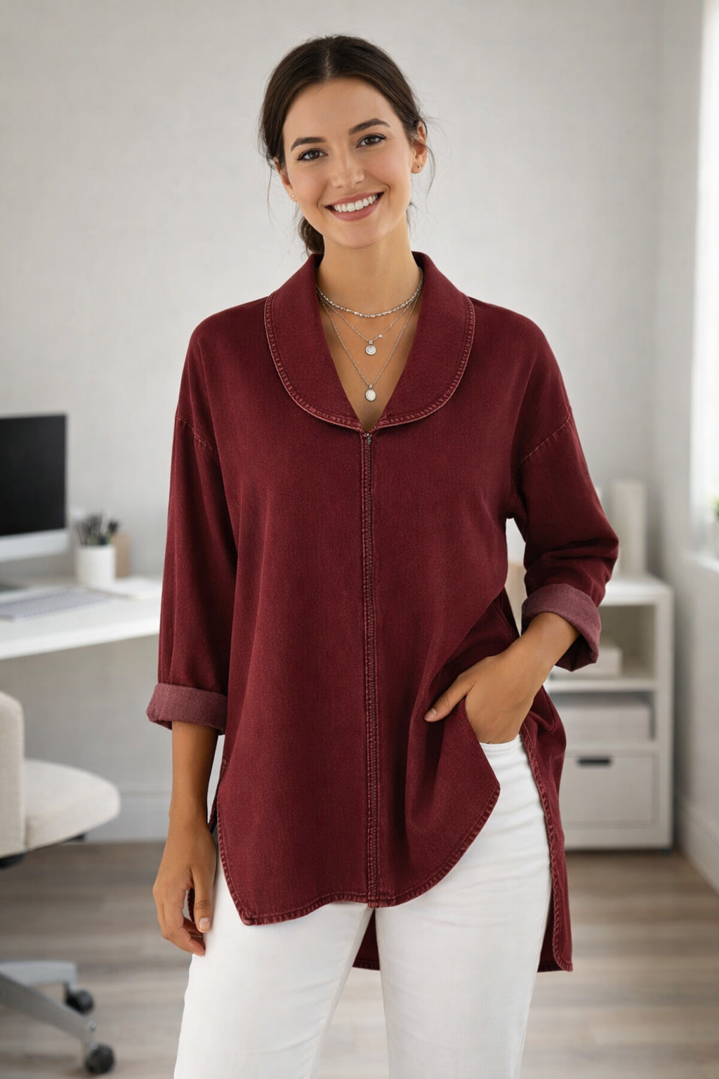 Damen Denim Oberteil Schalkragen Lockerer Schnitt Casual Elegant Atmungsaktiv