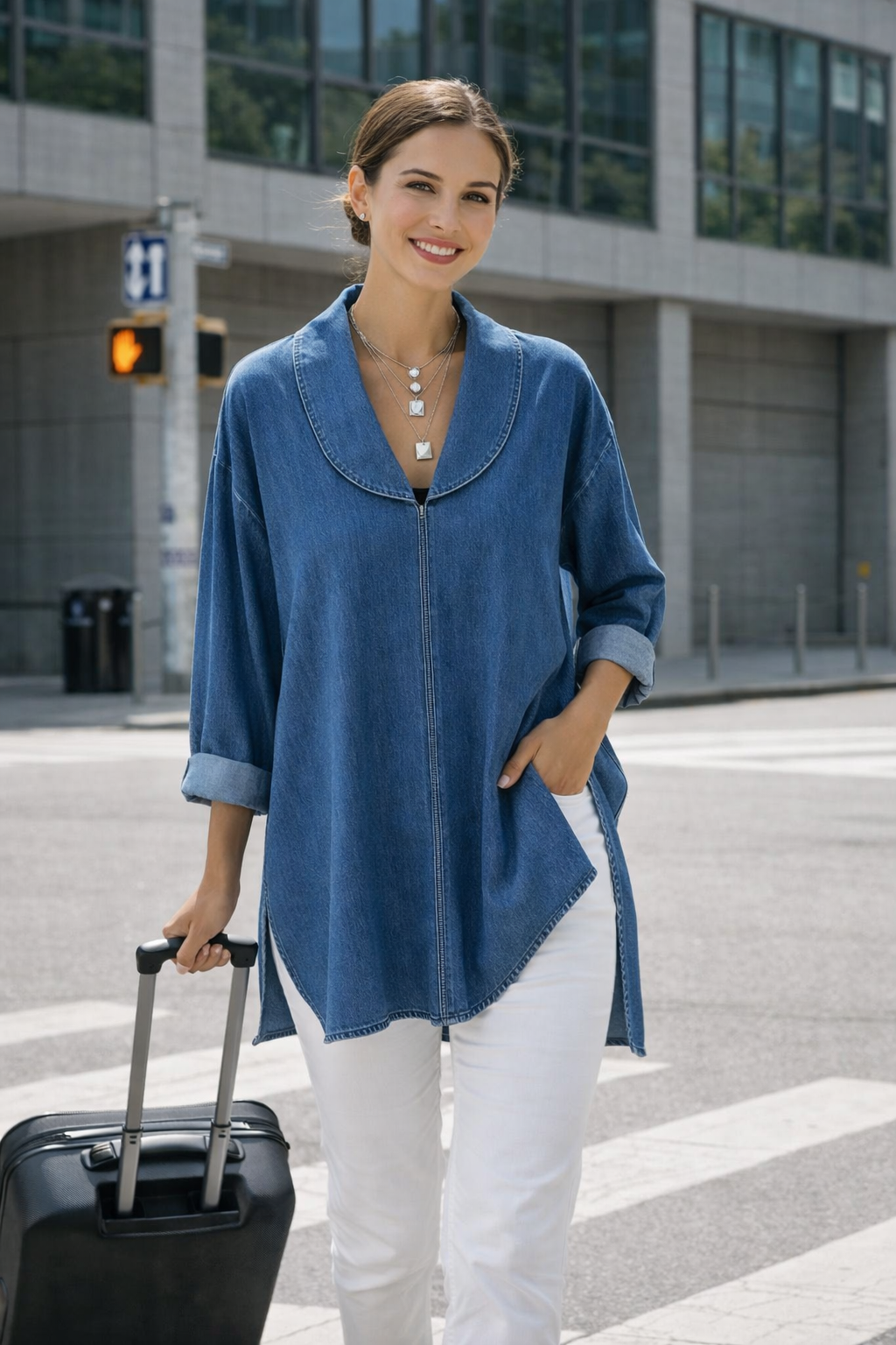 Damen Denim Oberteil Schalkragen Lockerer Schnitt Casual Elegant Atmungsaktiv
