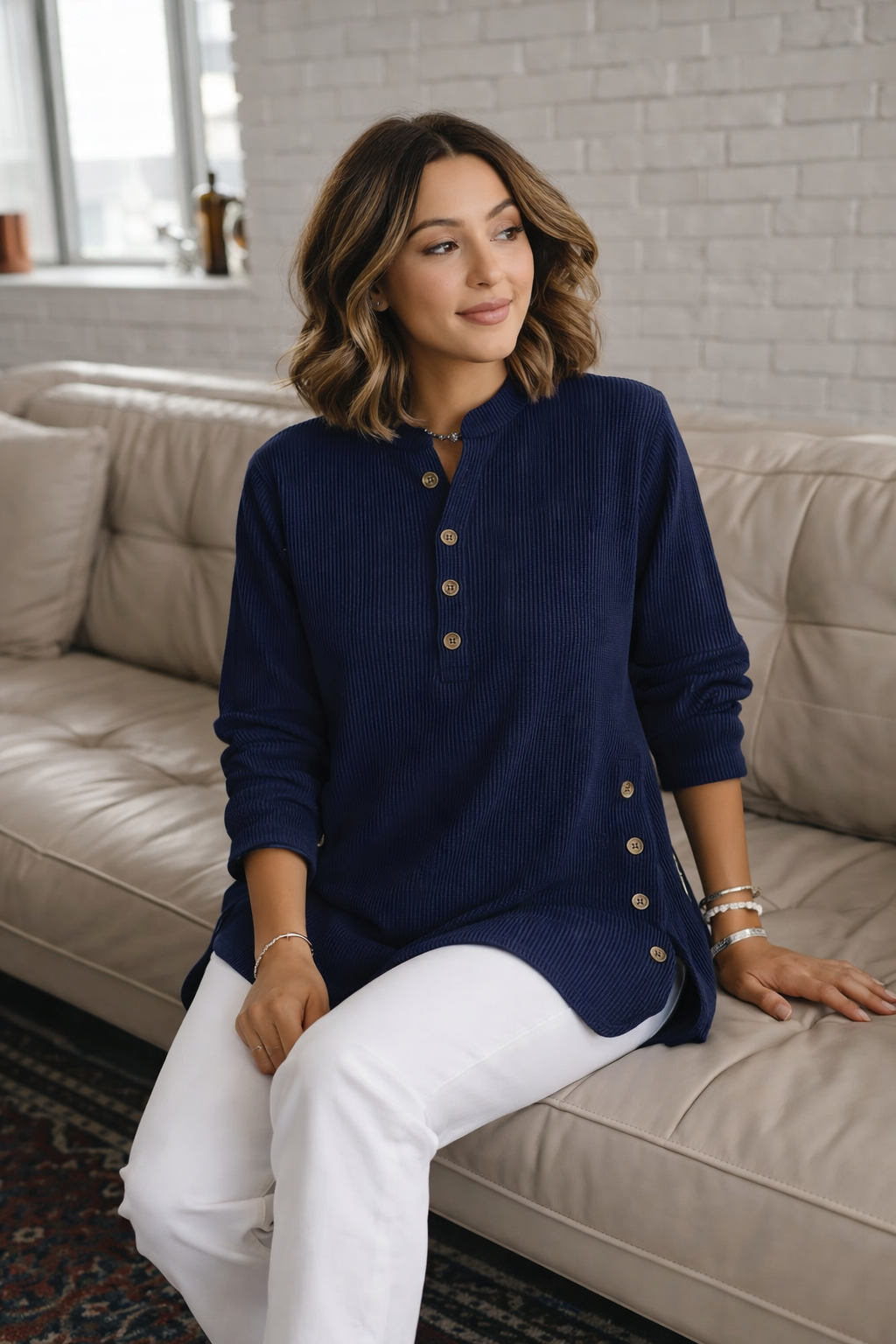 Damen Henley Oberteil Cord Langarm Lockerer Schnitt Knopfleiste Casual