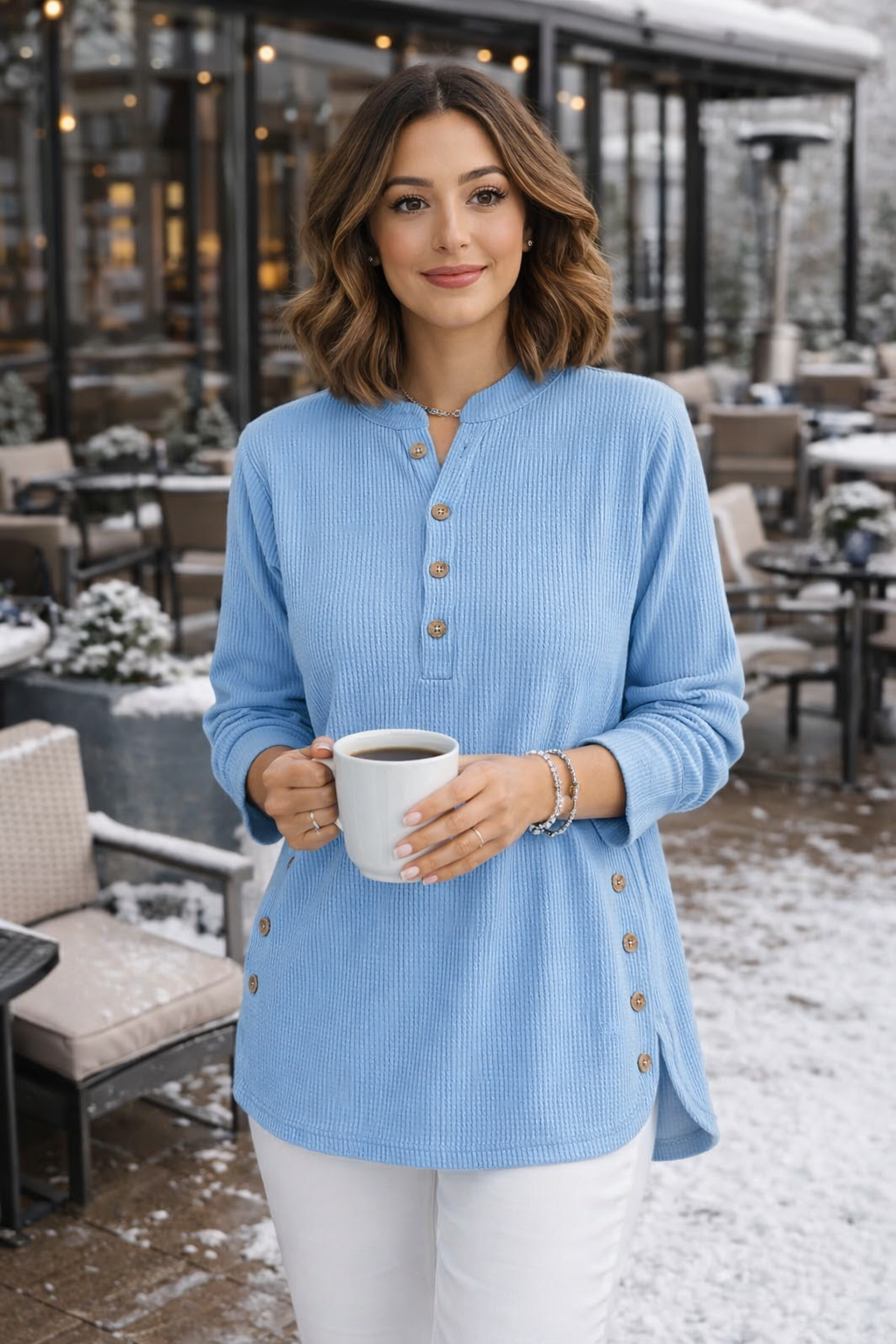 Damen Henley Oberteil Cord Langarm Lockerer Schnitt Knopfleiste Casual