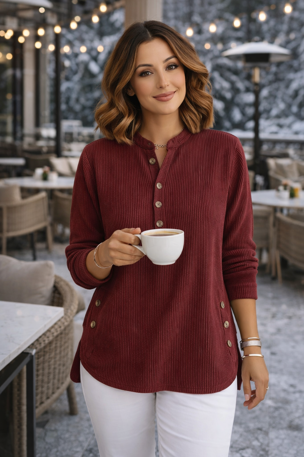 Damen Henley Oberteil Cord Langarm Lockerer Schnitt Knopfleiste Casual
