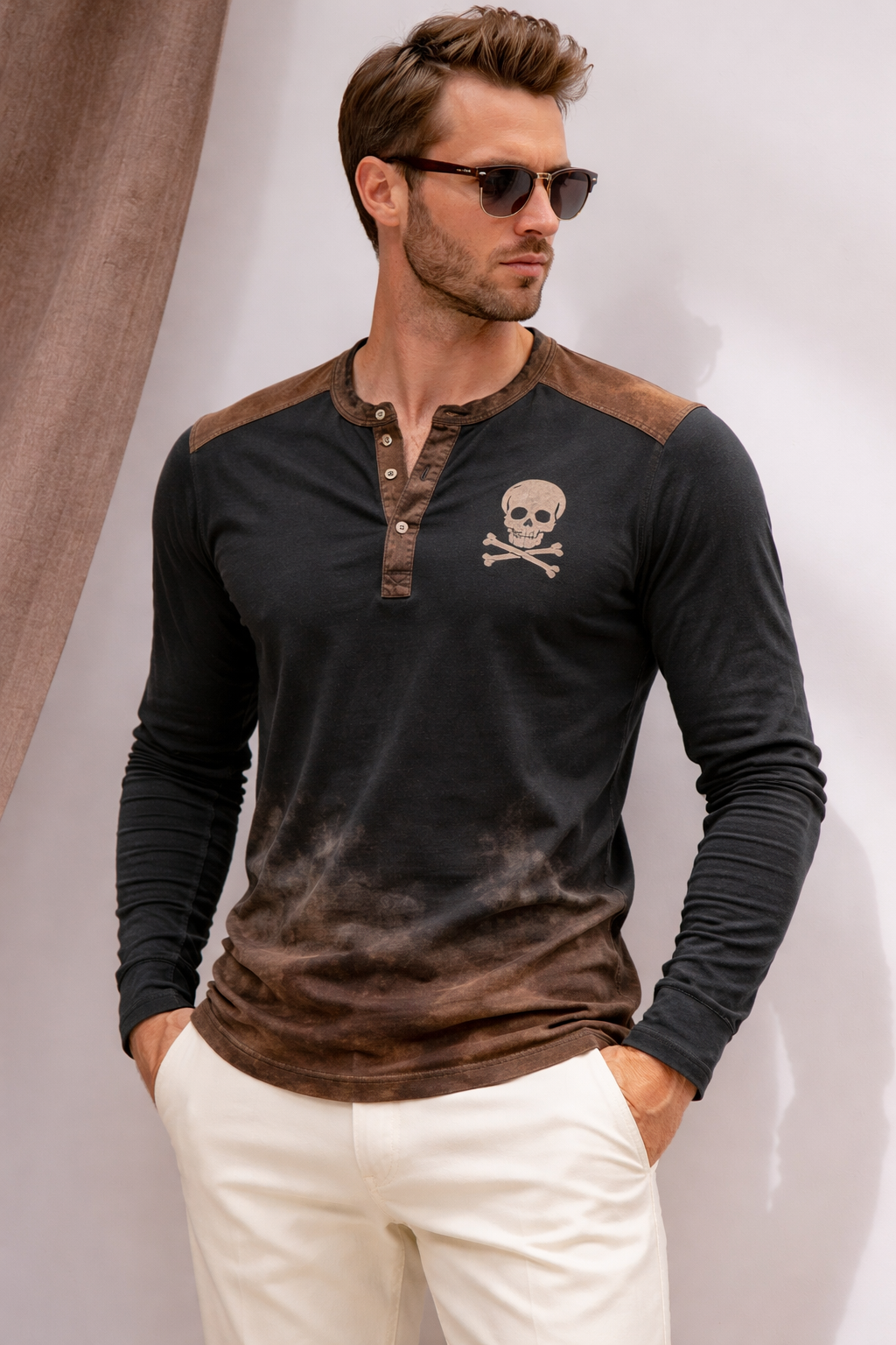 Herren Henley Langarmshirt Totenkopfdruck braun regulär elastisch