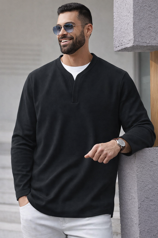 Herren Henley Langarmshirt Wabenstruktur V-Ausschnitt bequem atmungsaktiv