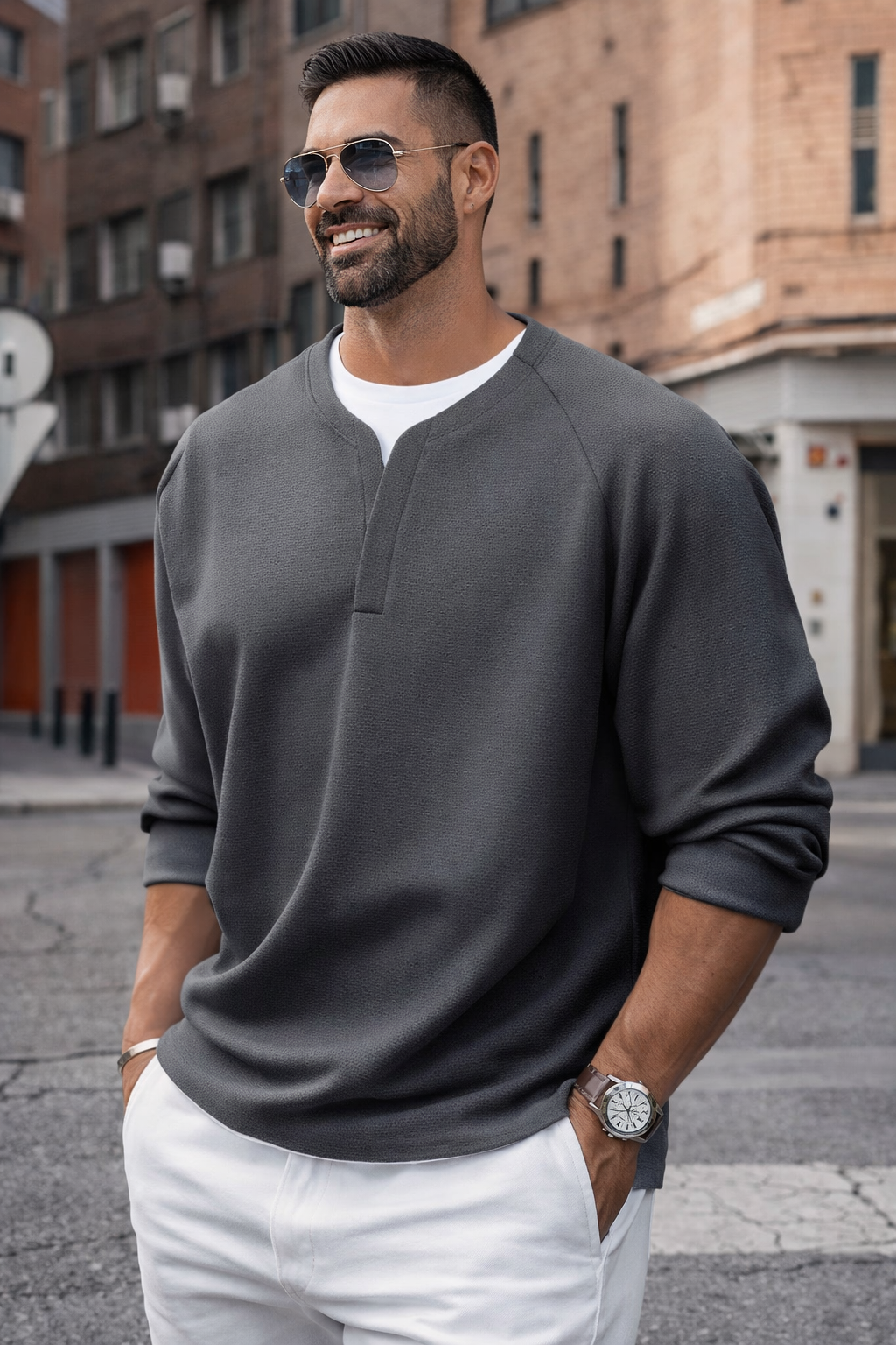 Herren Henley Langarmshirt Wabenstruktur V-Ausschnitt bequem atmungsaktiv