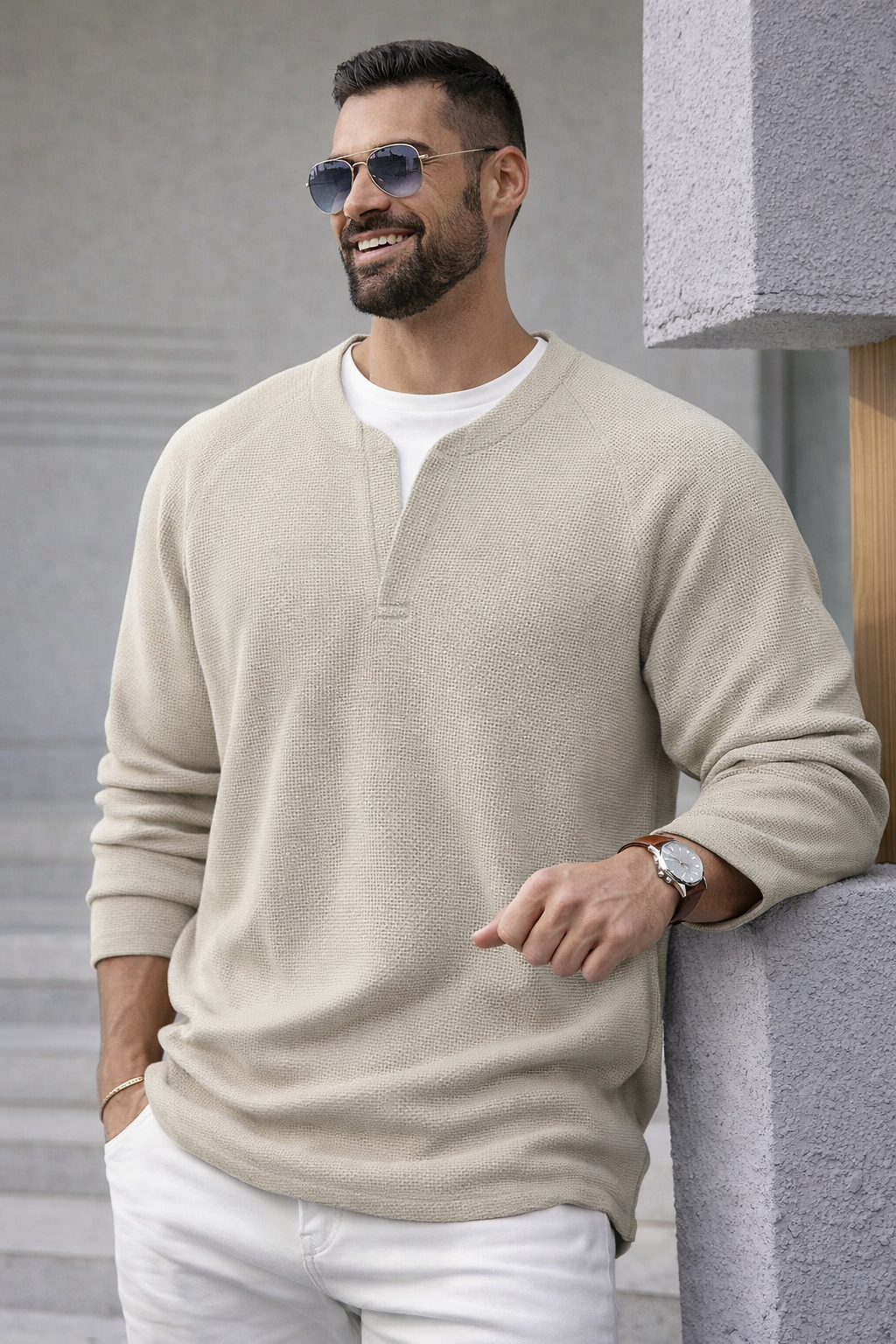 Herren Henley Langarmshirt Wabenstruktur V-Ausschnitt bequem atmungsaktiv