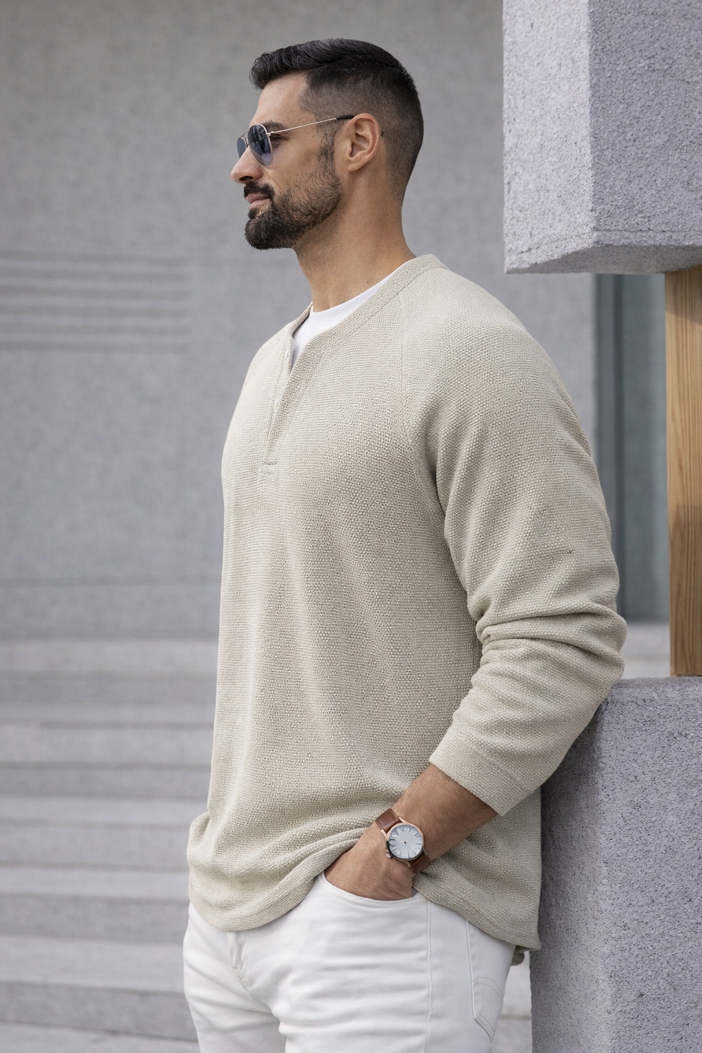 Herren Henley Langarmshirt Wabenstruktur V-Ausschnitt bequem atmungsaktiv
