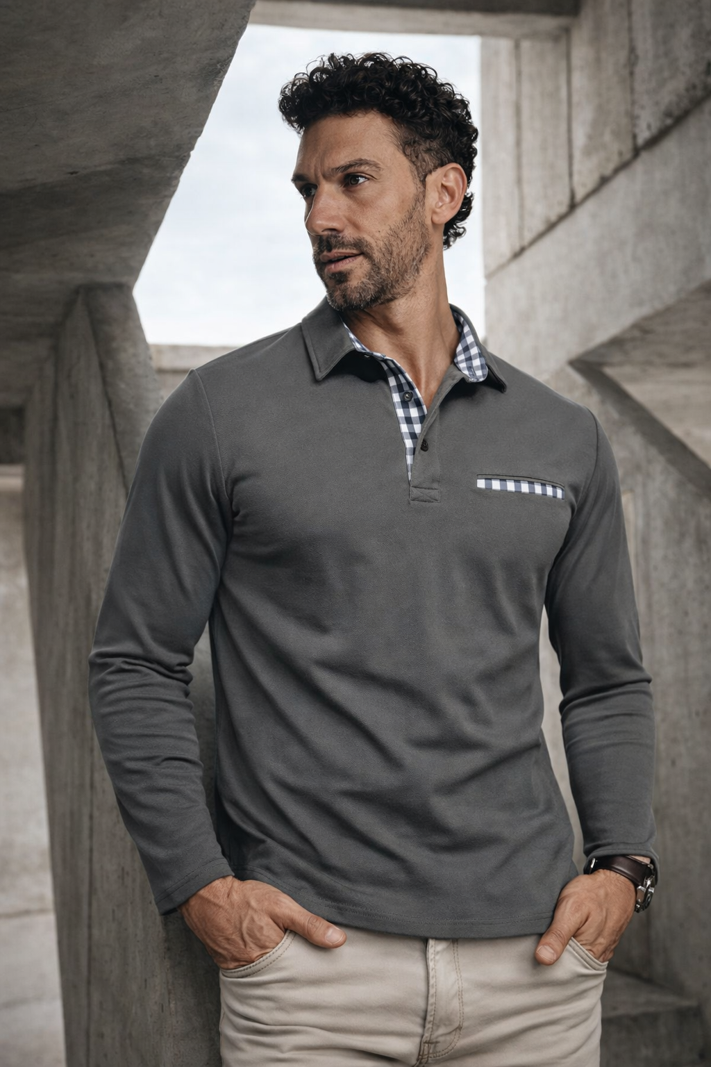 Herren Poloshirt Langarm karierter Kragen Slim Fit bequem