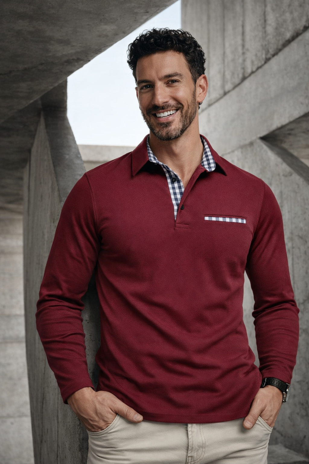 Herren Poloshirt Langarm karierter Kragen Slim Fit bequem