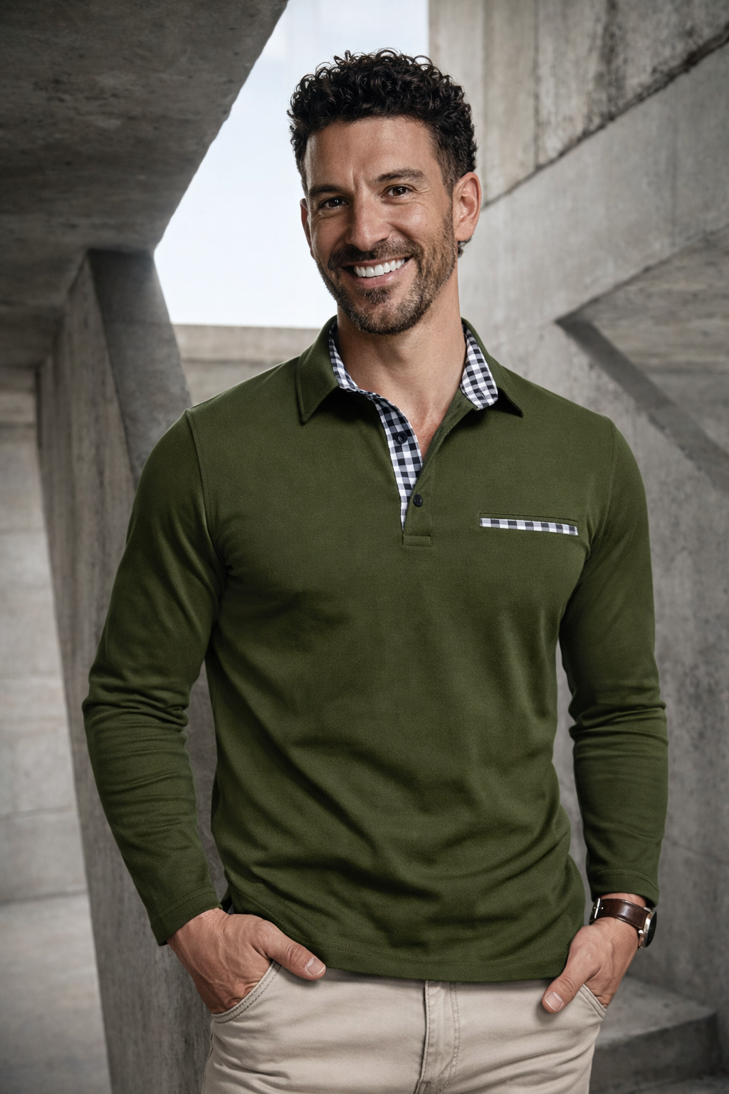 Herren Poloshirt Langarm karierter Kragen Slim Fit bequem