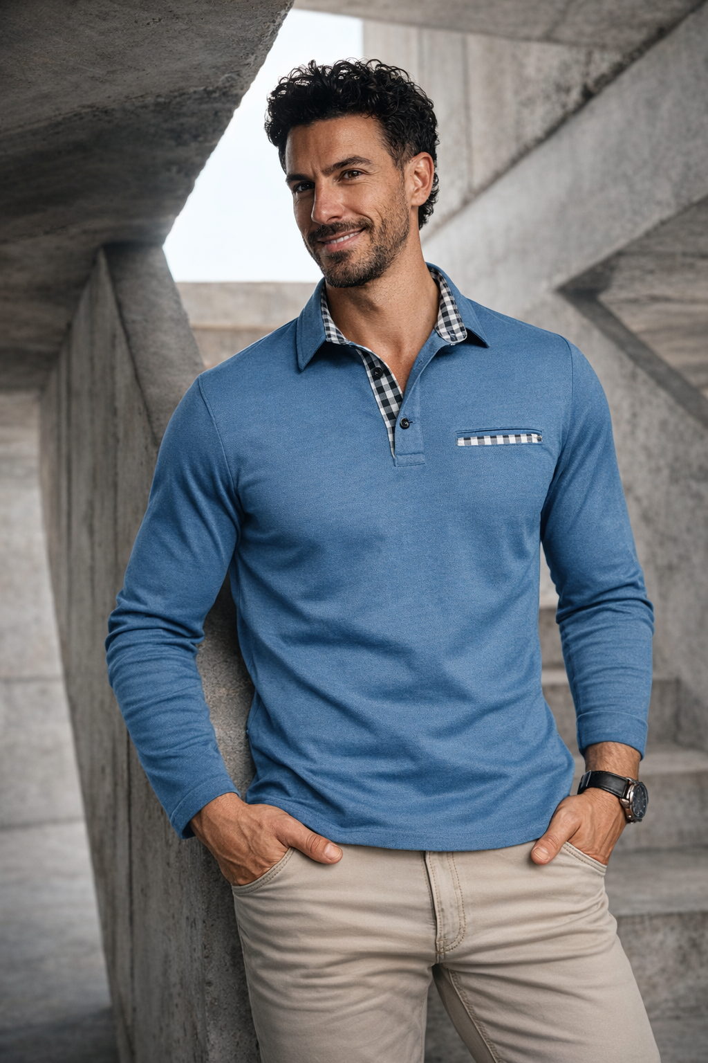 Herren Poloshirt Langarm karierter Kragen Slim Fit bequem