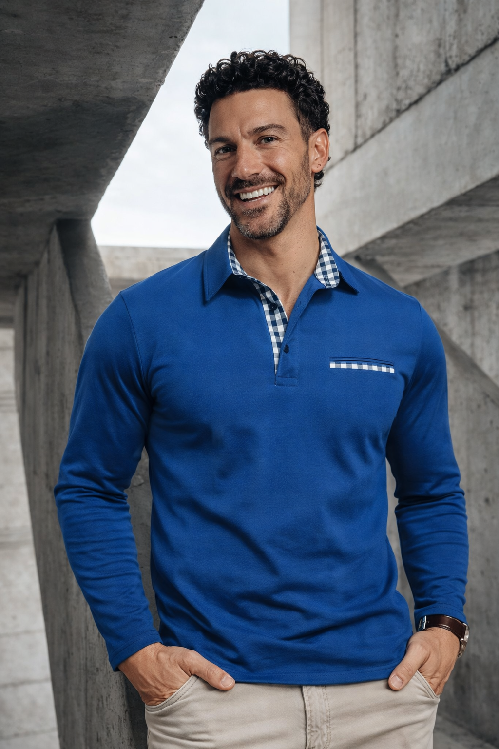 Herren Poloshirt Langarm karierter Kragen Slim Fit bequem
