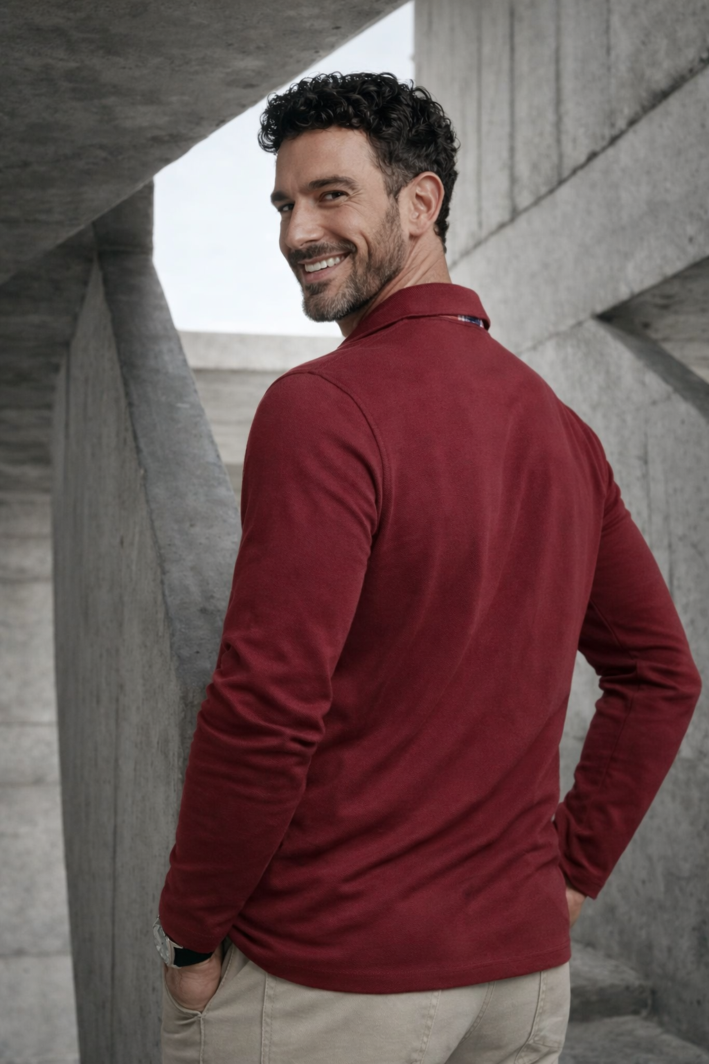 Herren Poloshirt Langarm karierter Kragen Slim Fit bequem