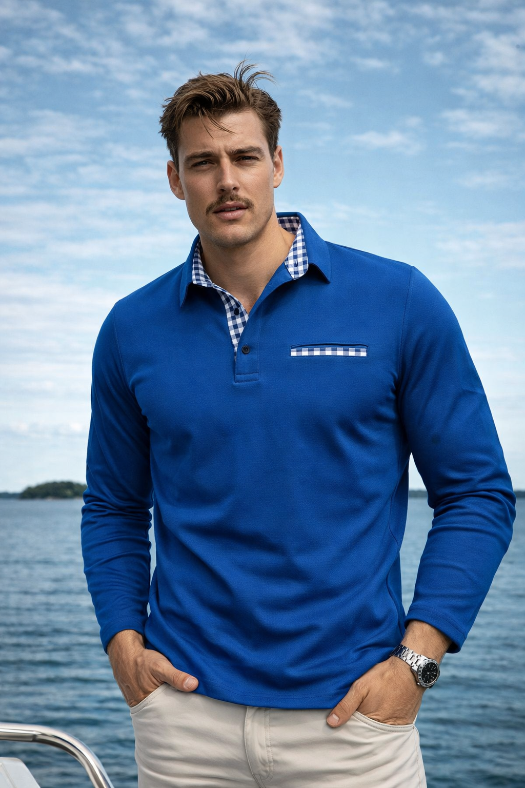 Herren Poloshirt Langarm karierter Kragen Slim Fit bequem