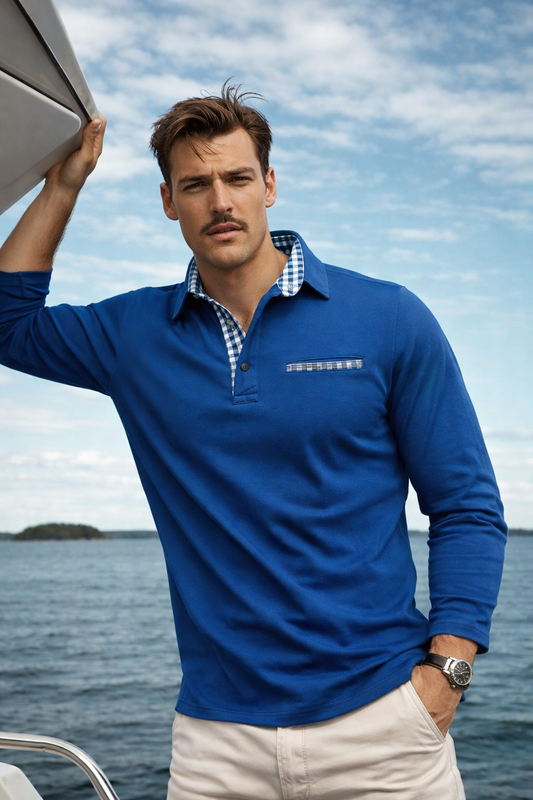 Herren Poloshirt Langarm karierter Kragen Slim Fit bequem