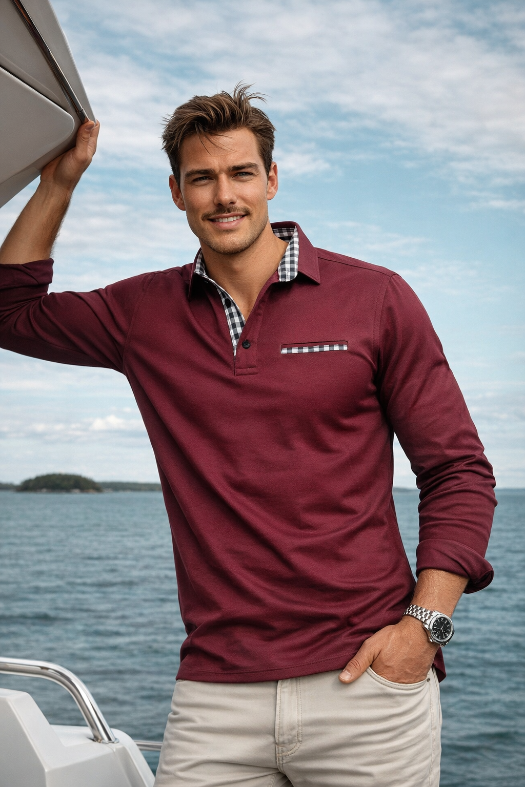 Herren Poloshirt Langarm karierter Kragen Slim Fit bequem