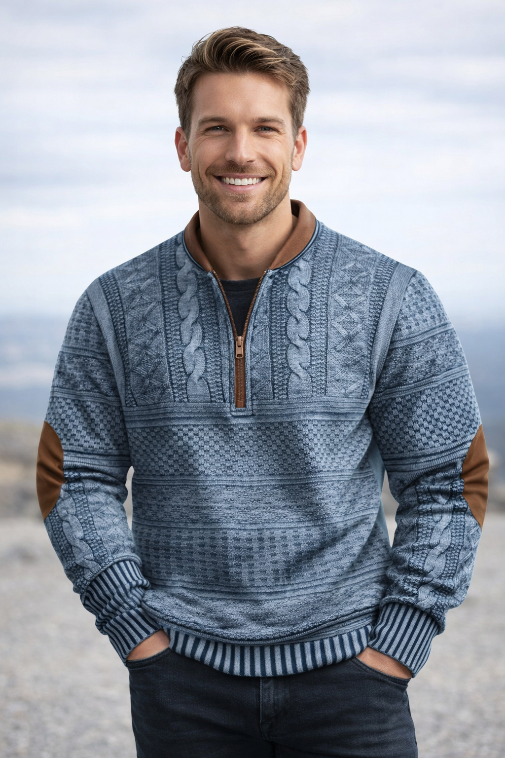 Herren Strickpullover Halber Reißverschluss Langarm bequem vielseitig