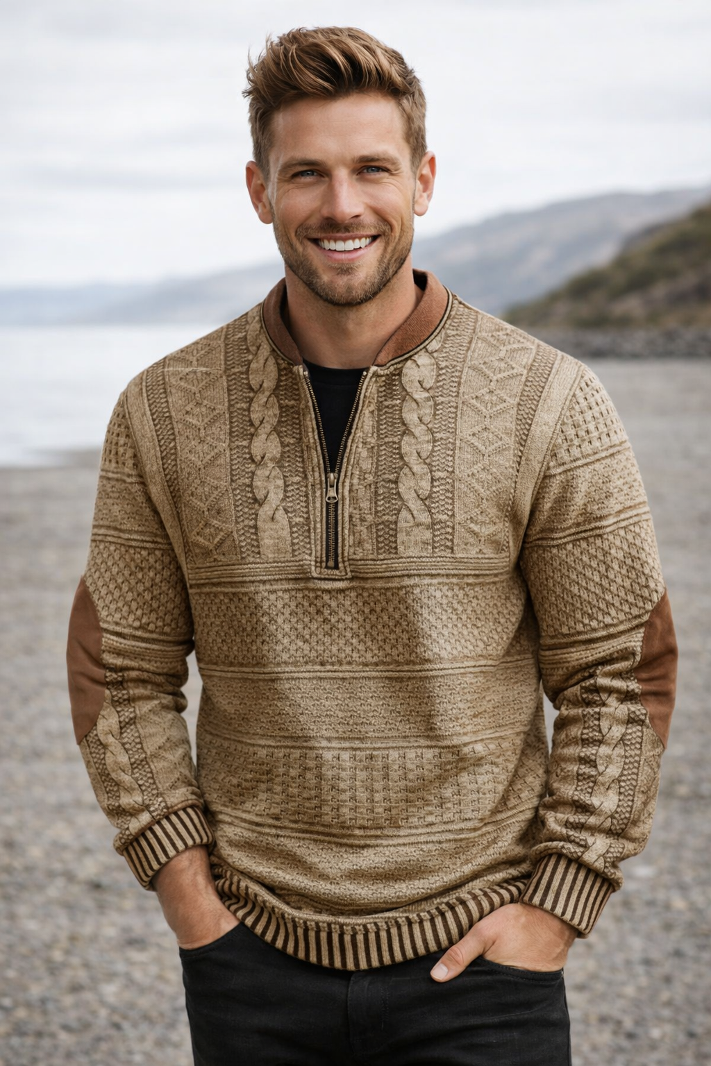 Herren Strickpullover Halber Reißverschluss Langarm bequem vielseitig