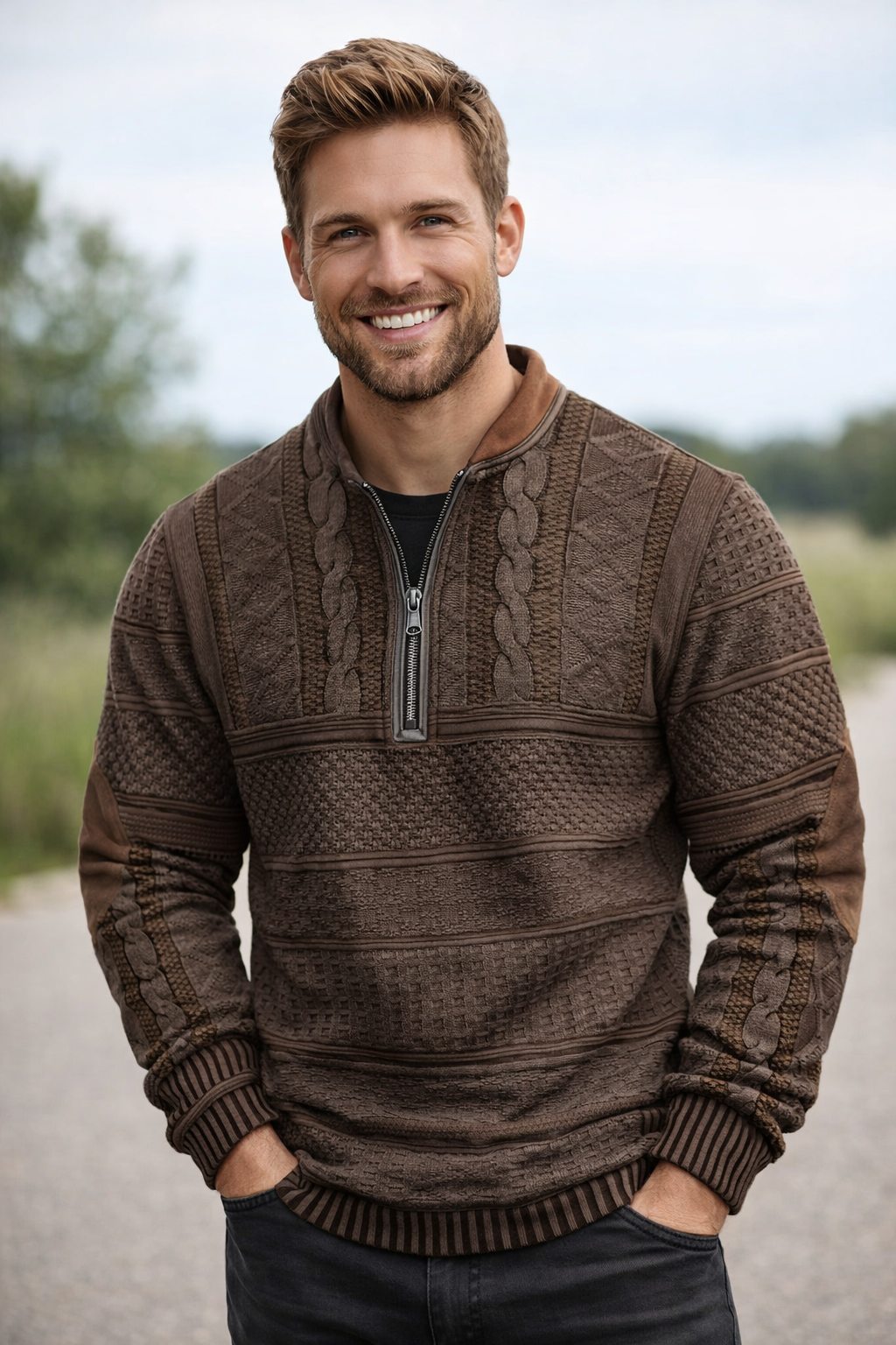 Herren Strickpullover Halber Reißverschluss Langarm bequem vielseitig