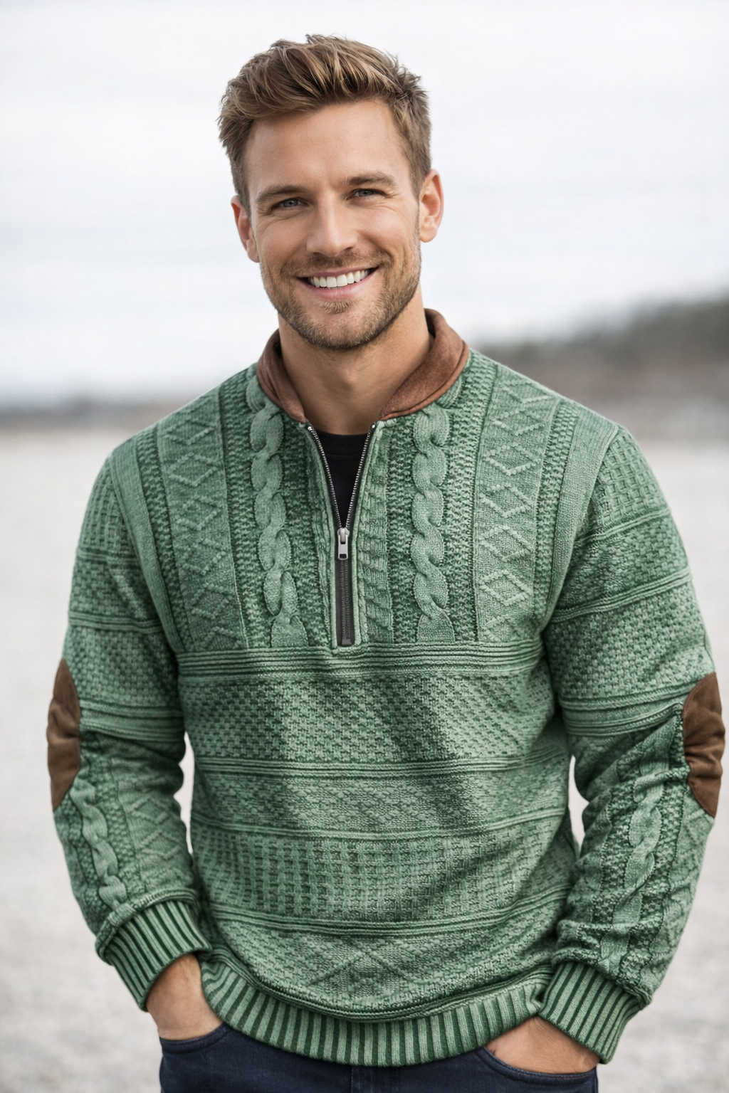 Herren Strickpullover Halber Reißverschluss Langarm bequem vielseitig