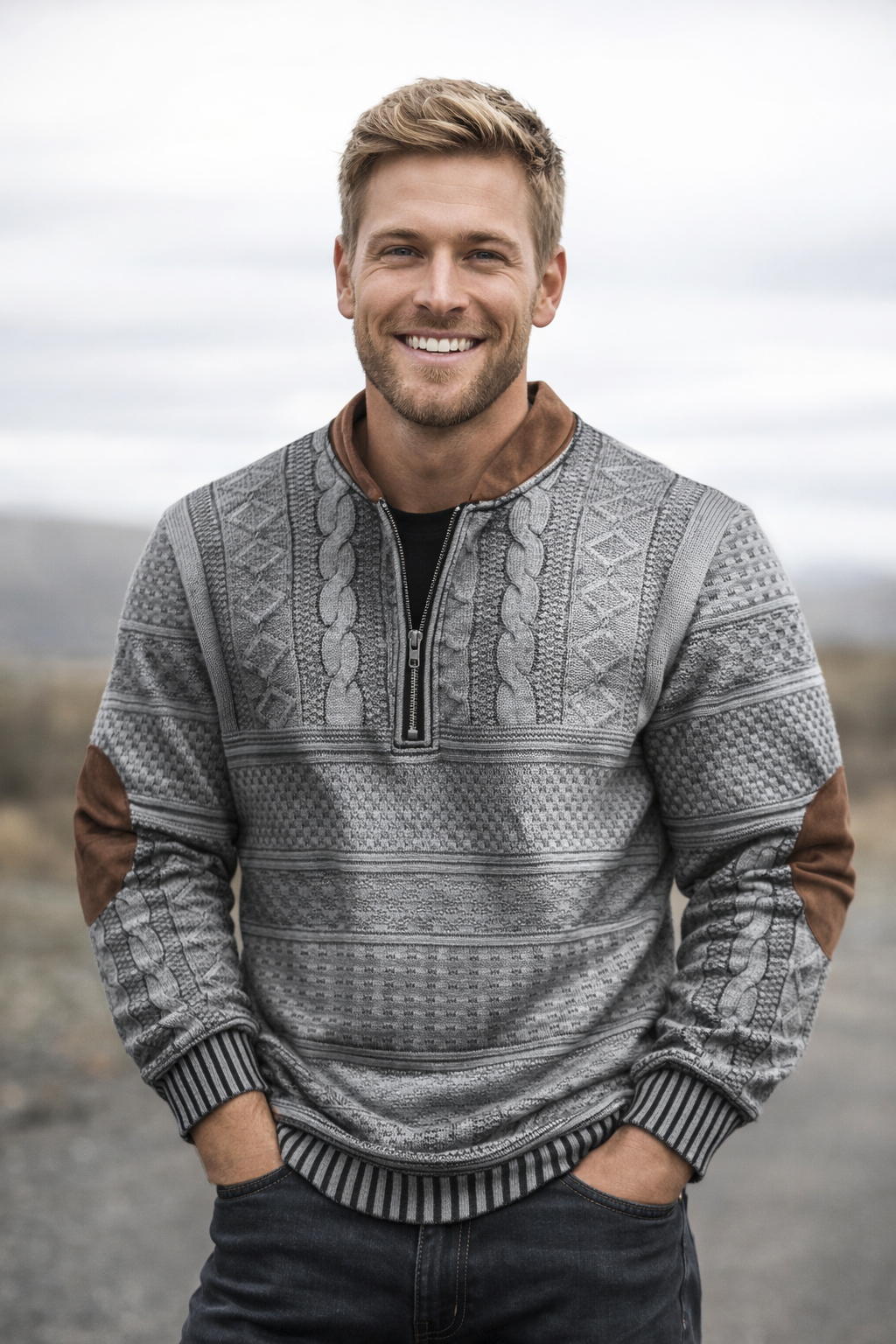 Herren Strickpullover Halber Reißverschluss Langarm bequem vielseitig