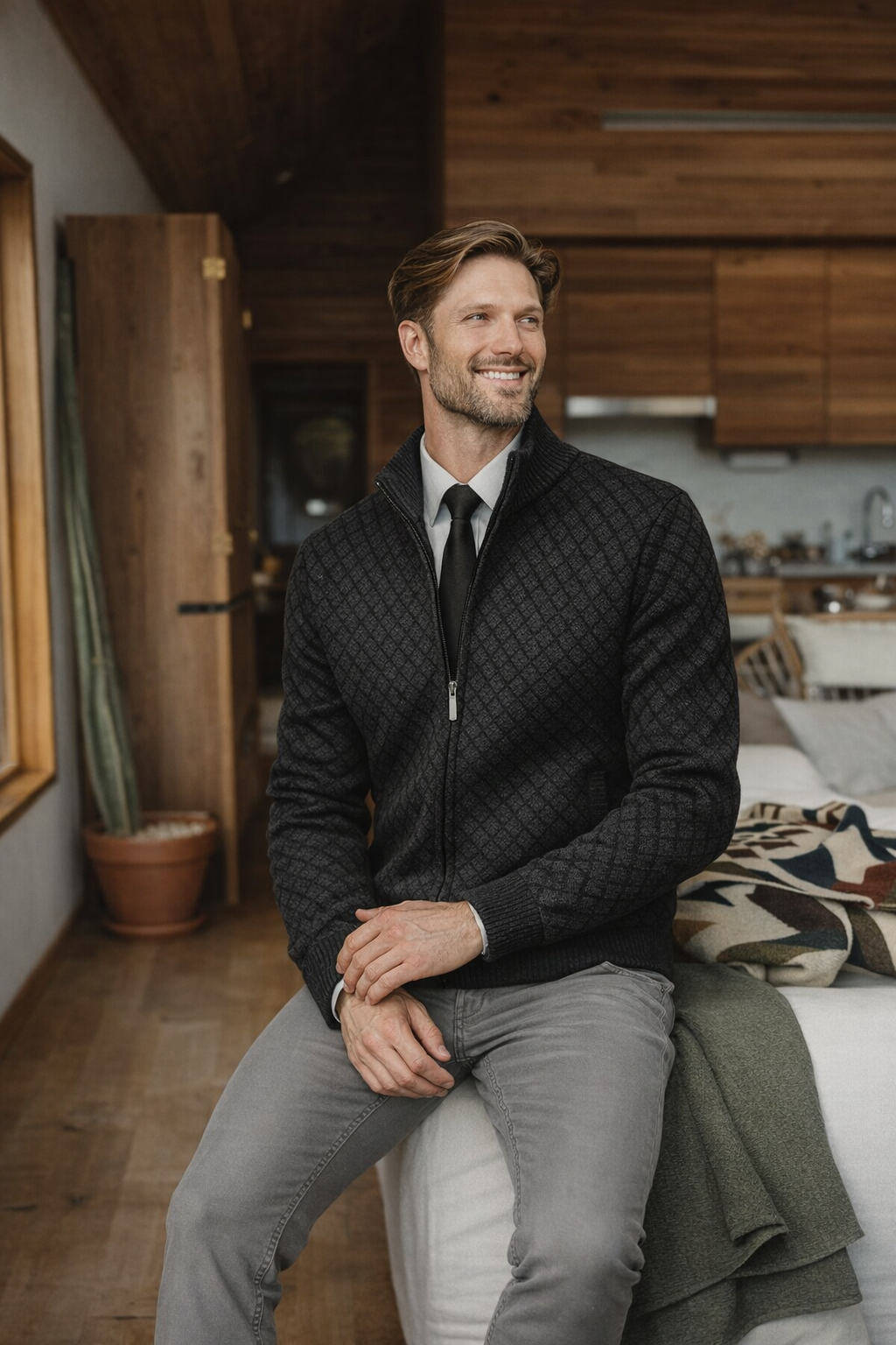 Herren Strickcardigan Reißverschluss Stehkragen Waffelstruktur Komfort Alltag
