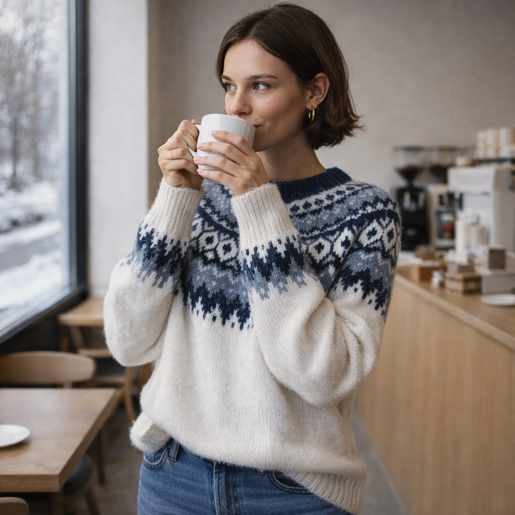 Damen Strickpullover Rundhals Muster Warm Komfort Winter Lässig
