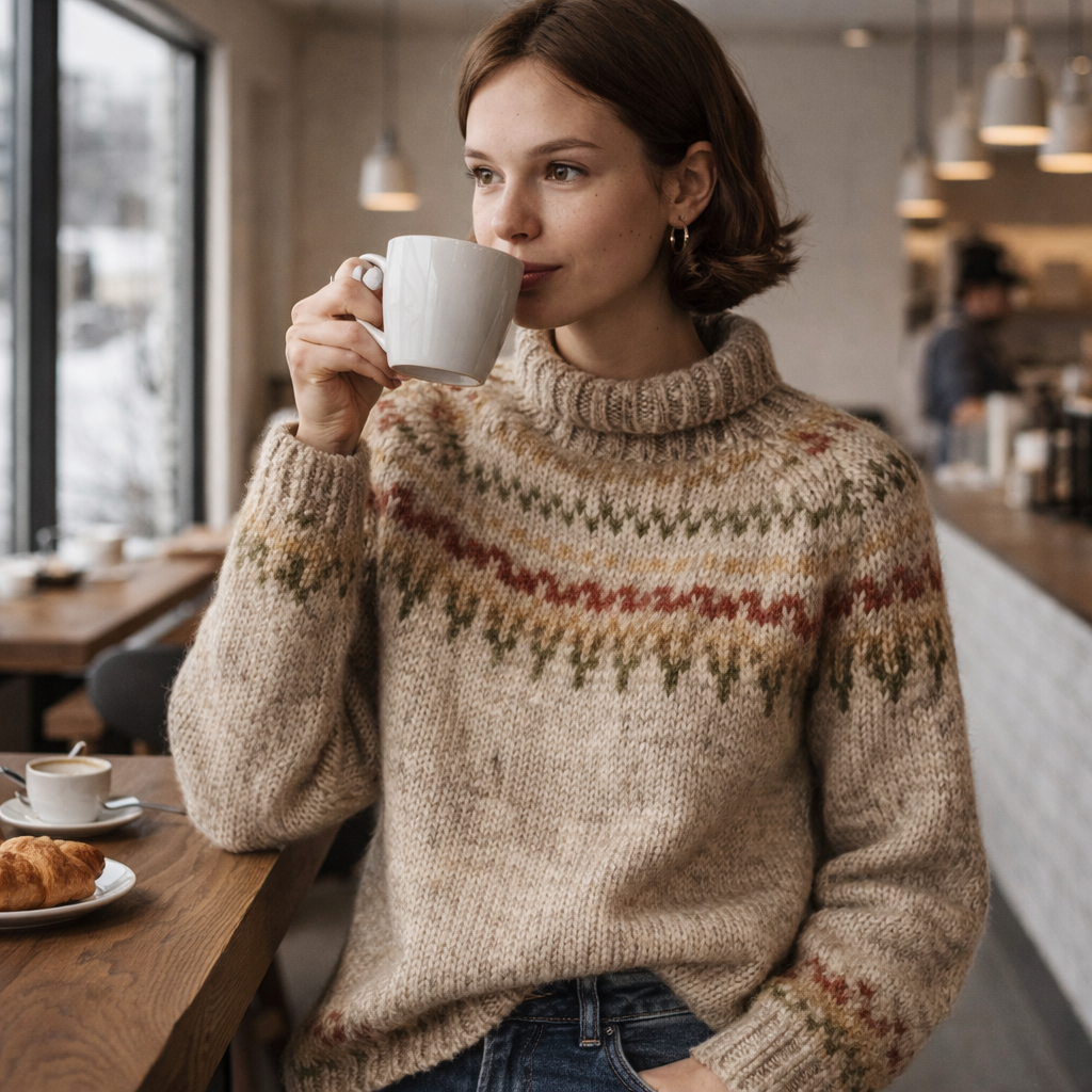 Damen Strickpullover Rollkragen Muster Warm Komfort Winter Lässig