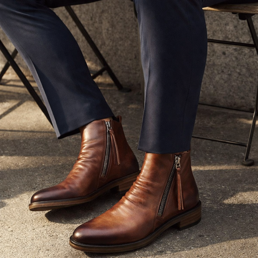 Herren Chelsea Boots Leder Schlupfstiefel Elastisch Komfort Alltag Elegant