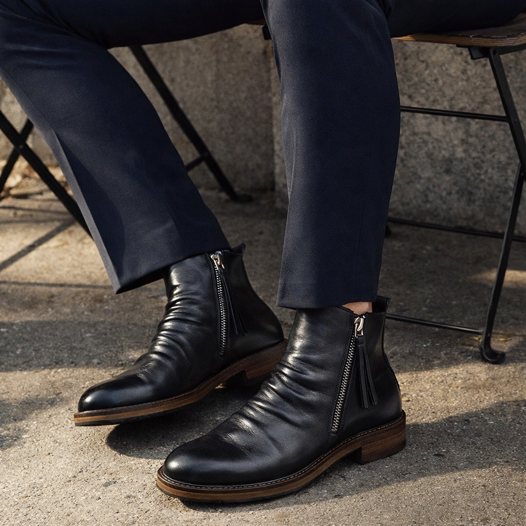 Herren Chelsea Boots Leder Schlupfstiefel Elastisch Komfort Alltag Elegant