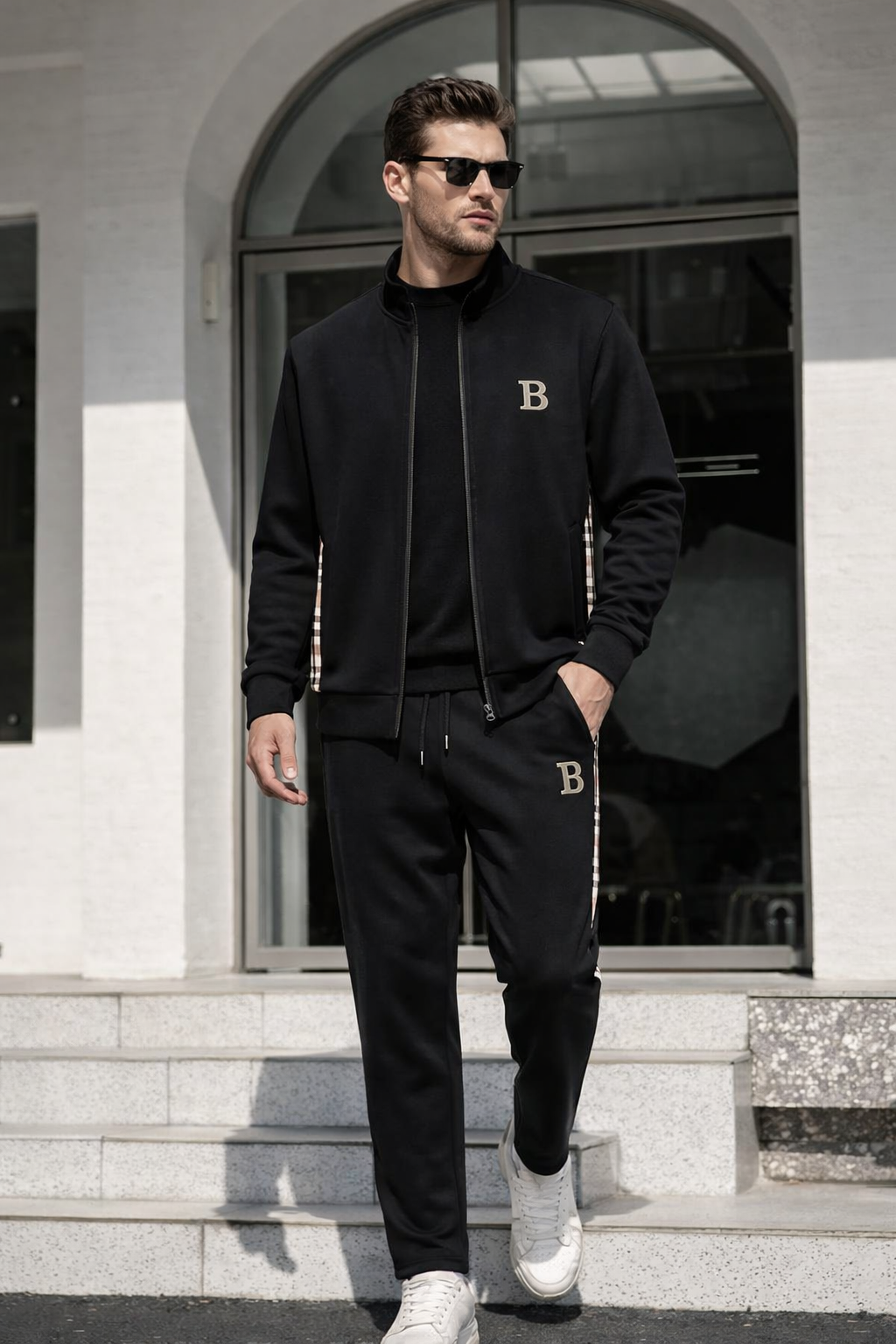 Herren Trainingsanzug kariert, Full-Zip Jacke, Jogginghose mit Kordelzug, bequeme Passform