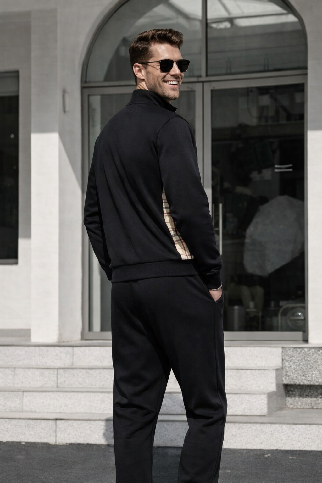 Herren Trainingsanzug kariert, Full-Zip Jacke, Jogginghose mit Kordelzug, bequeme Passform