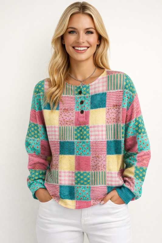 Damen Pullover Waffelstrick Langarm warme lockere bequeme weiche Passform