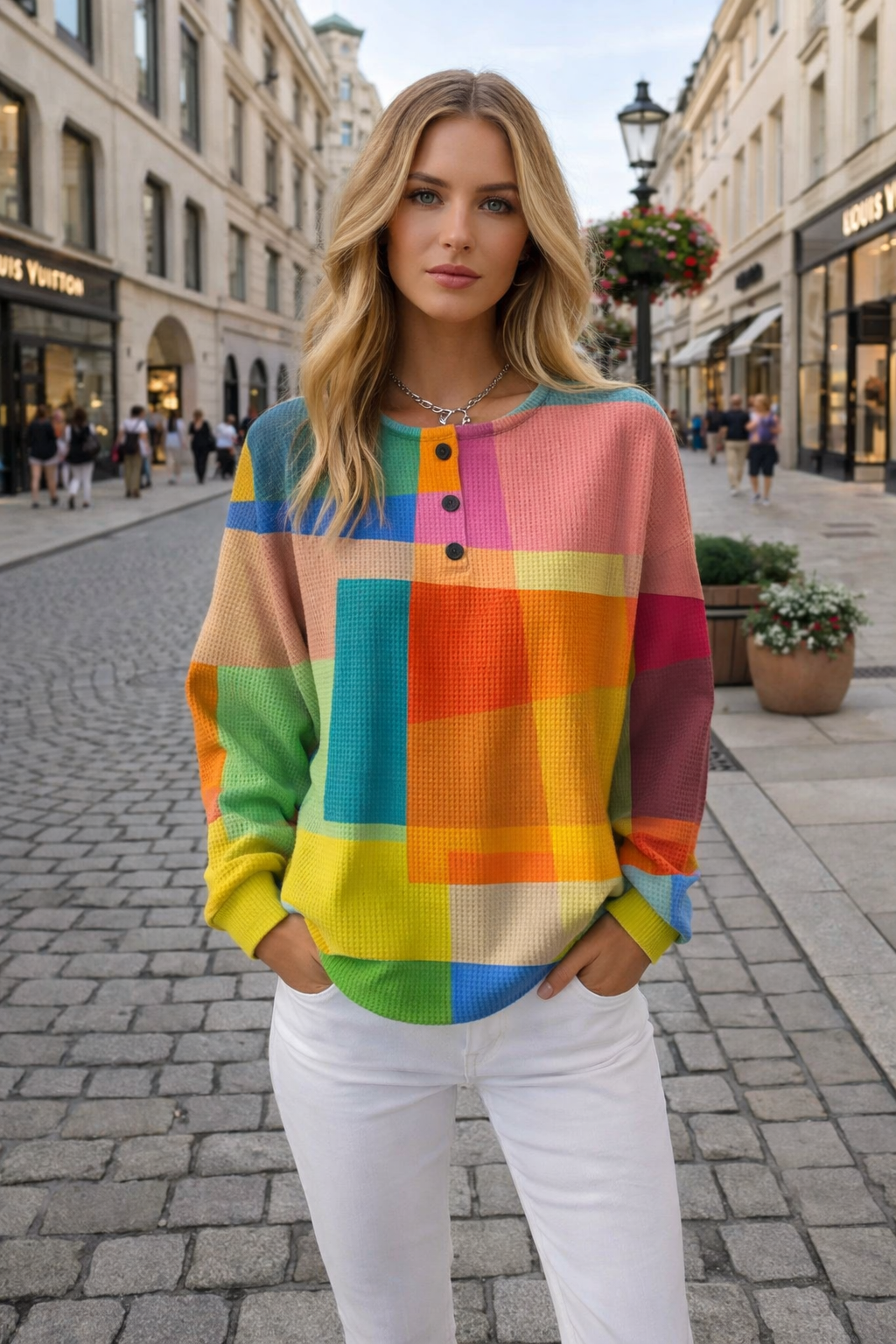 Damen Sweatshirt bedruckter Rundhals Langarm Knöpfe bequeme lässige Passform