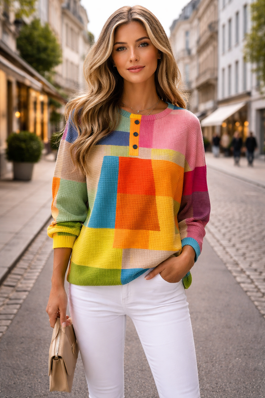 Damen Sweatshirt bedruckter Rundhals Langarm Knöpfe bequeme lässige Passform