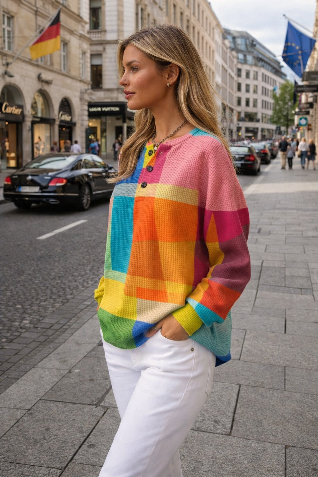 Damen Sweatshirt bedruckter Rundhals Langarm Knöpfe bequeme lässige Passform