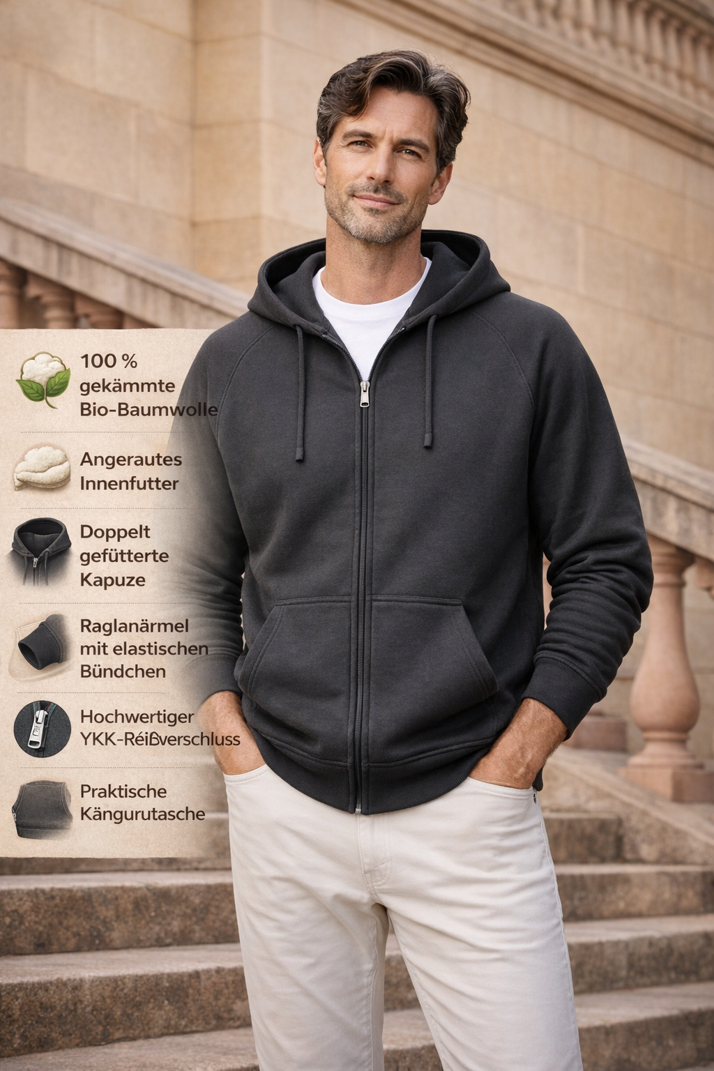 Herren Kapuzen Sweatjacke Bio-Baumwolle Reißverschluss bequeme warme normale Passform