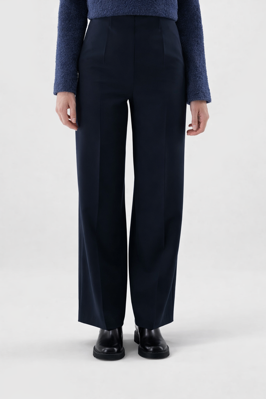 Damenhose hohe Taille weites Bein Bügelfalten, Stretch elegante Passform