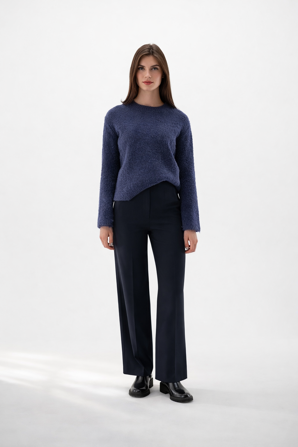 Damenhose hohe Taille weites Bein Bügelfalten, Stretch elegante Passform