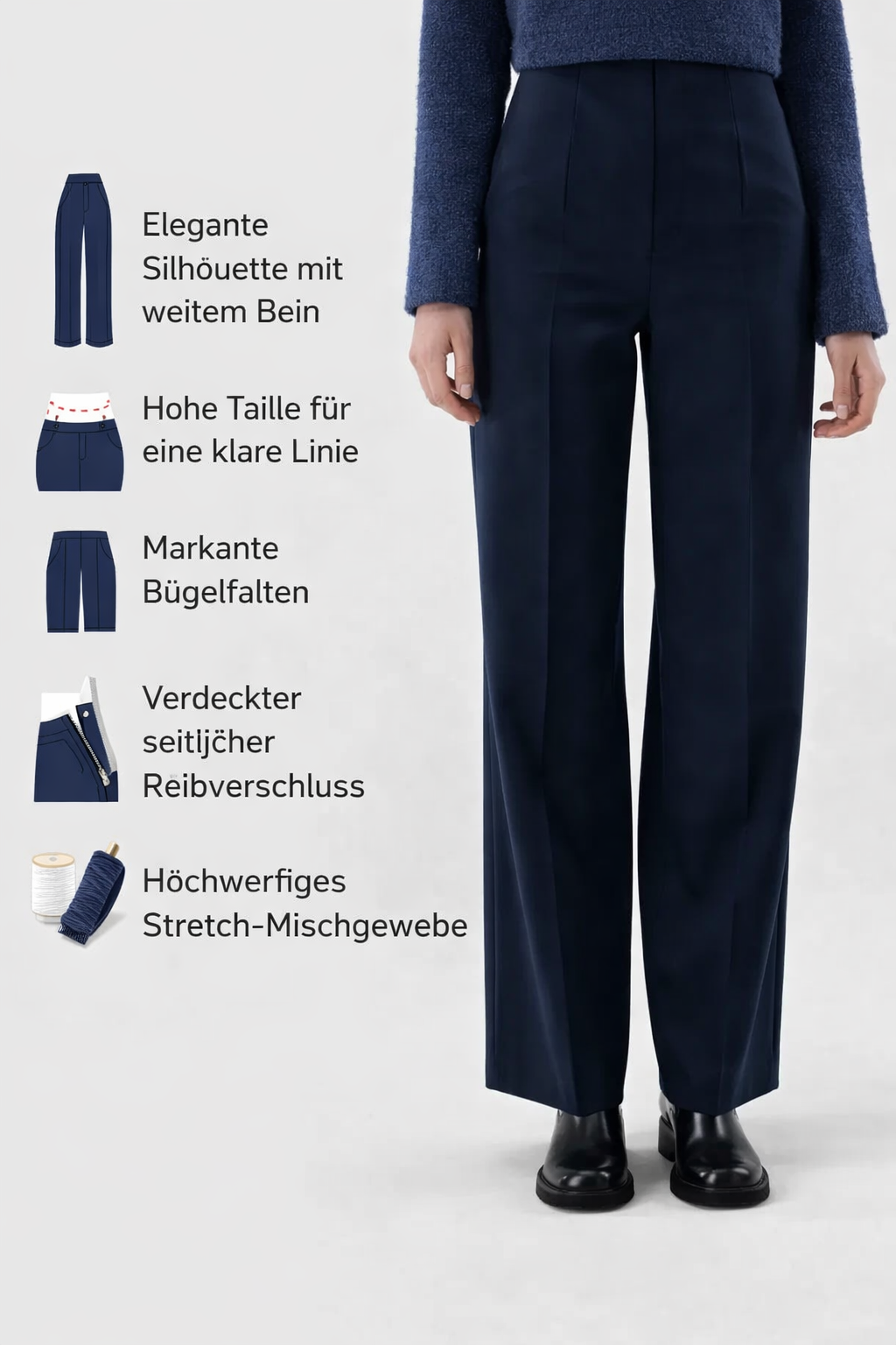 Damenhose hohe Taille weites Bein Bügelfalten, Stretch elegante Passform