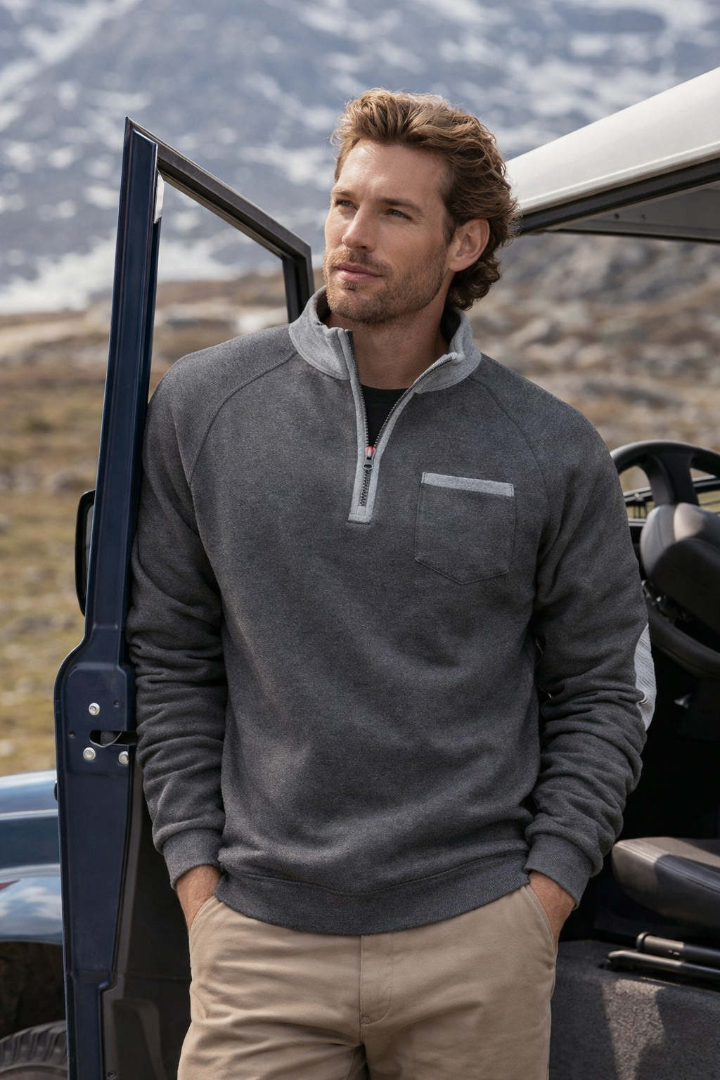 Herren Pullover halber Reißverschluss Stehkragen bequem warm atmungsaktiv normale Passform