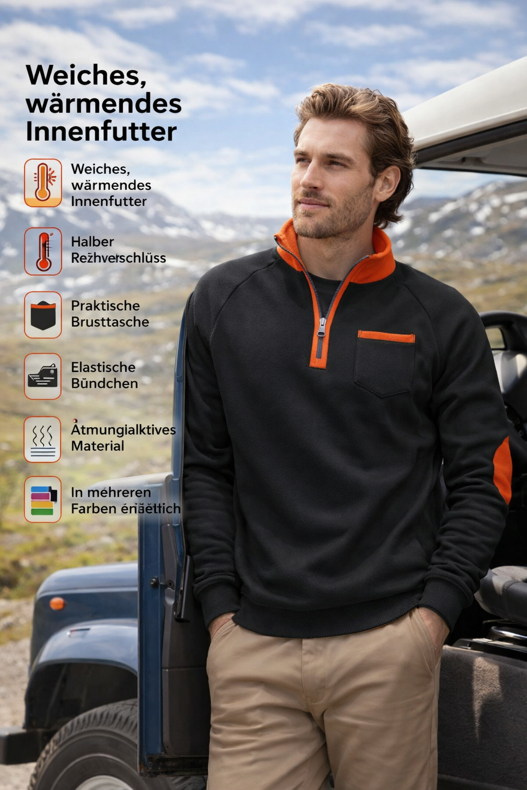 Herren Pullover halber Reißverschluss Stehkragen bequem warm atmungsaktiv normale Passform