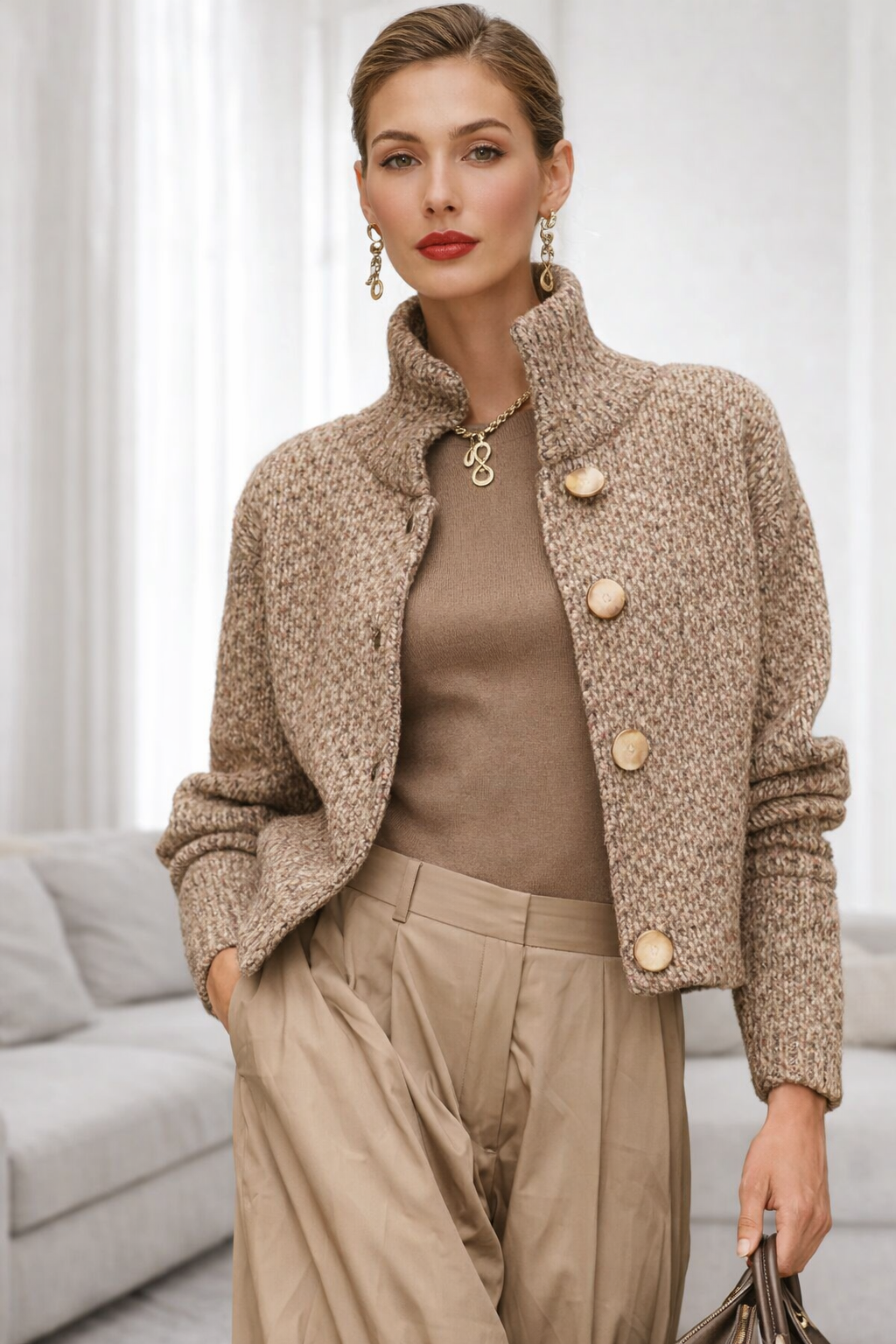 Damenpullover hoher Kragen Knopfverschluss strukturierte, elegante, bequeme Passform