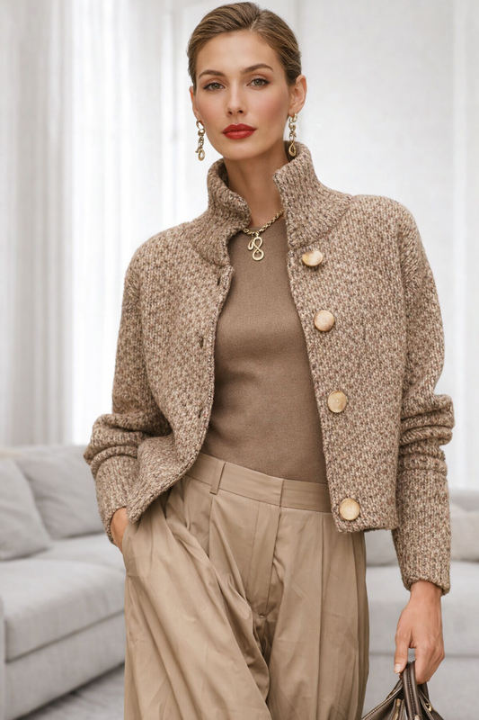 Damenpullover hoher Kragen Knopfverschluss strukturierte, elegante, bequeme Passform