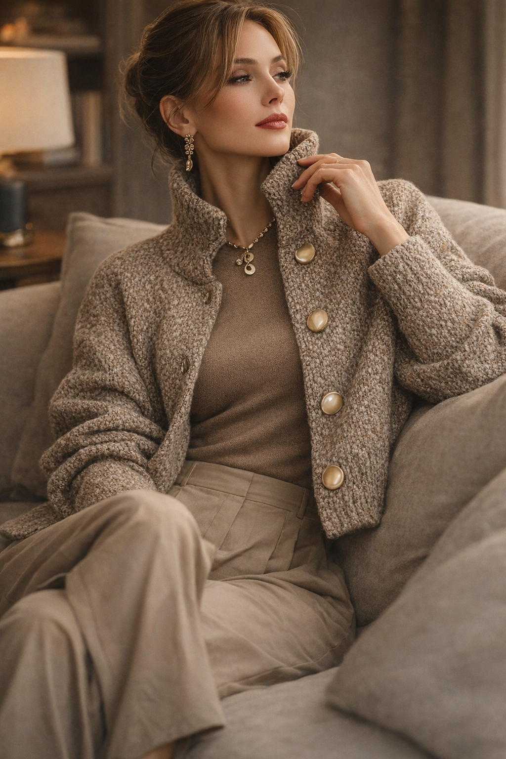 Damenpullover hoher Kragen Knopfverschluss strukturierte, elegante, bequeme Passform