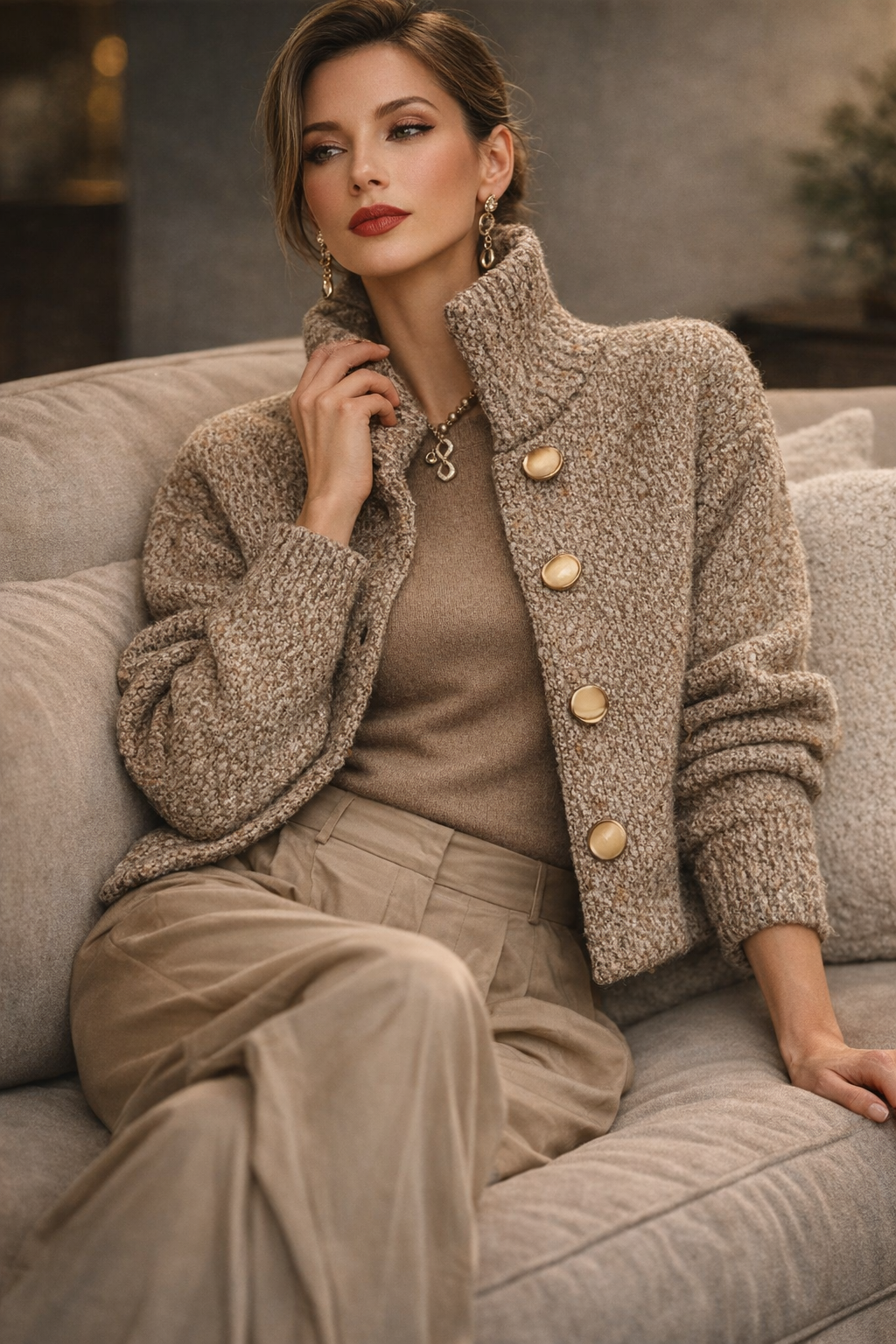 Damenpullover hoher Kragen Knopfverschluss strukturierte, elegante, bequeme Passform
