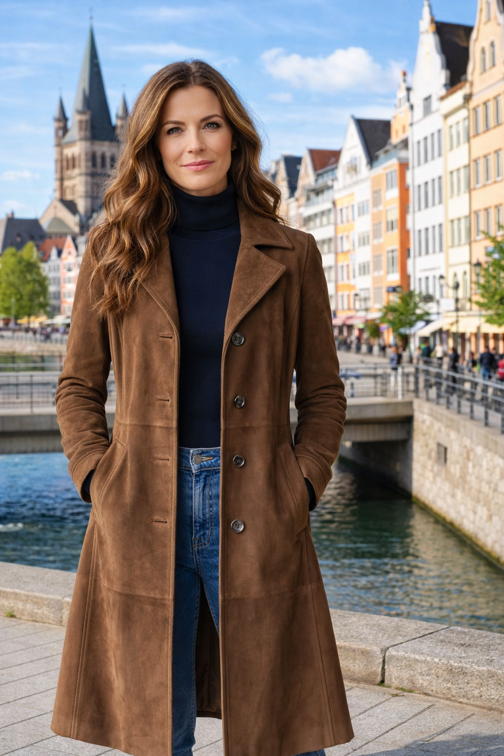 Damenmantel lang Wildlederoptik tailliert eleganter Knopfverschluss weiche Passform