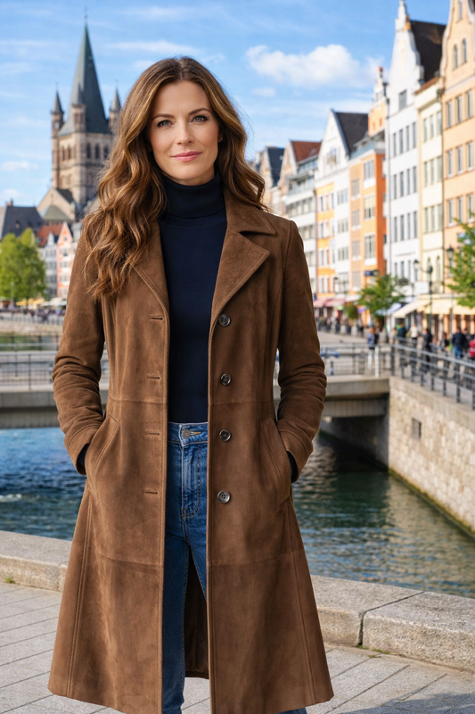 Damenmantel lang Wildlederoptik tailliert eleganter Knopfverschluss weiche Passform
