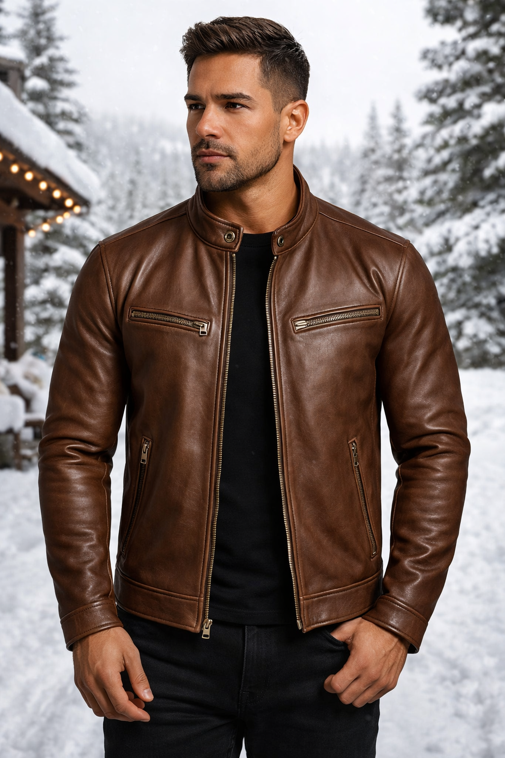 Herren Lederjacke Vintage Look leichter atmungsaktiver Reißverschluss mehrere Taschen