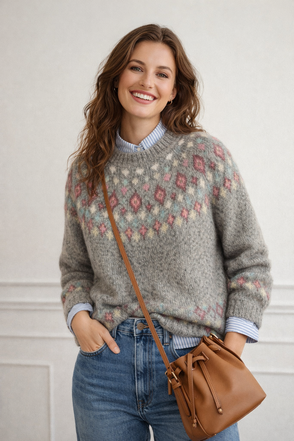Damen Strickpullover nordisches Muster locker geschnitten warm bequem langarm